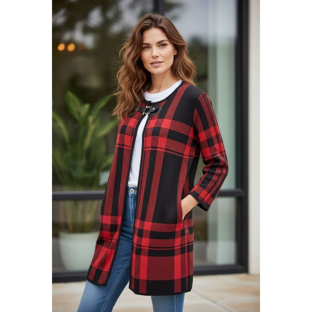 Anne Klein Womens Cardigan Sweater Red Black Plaid Medium NWT
